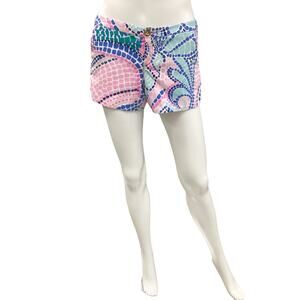 Lilly Pulitzer Shorts Women’s Size 0 Mosaic Print Gold Tone Button Blue And Pink